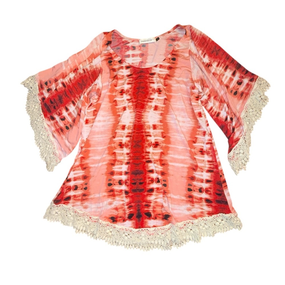 Boho Red Tie-Dye Bell Sleeved Tunic with Lace Accents - Picture 2 of 5